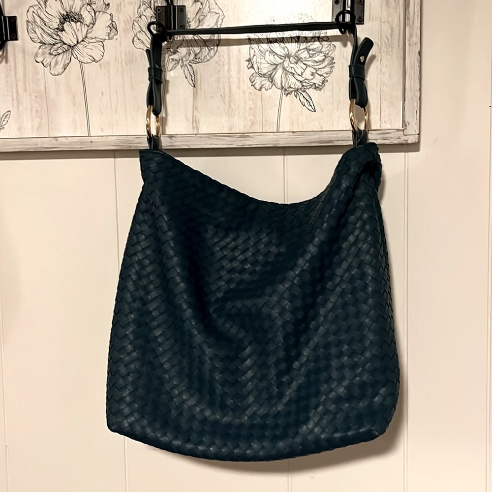 Blue woven tote bag